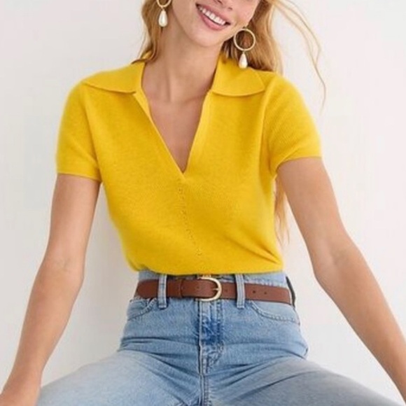 J Crew Cashmere Featherweight Gold Yellow Collared Polo Sweater - Picture 2 of 8